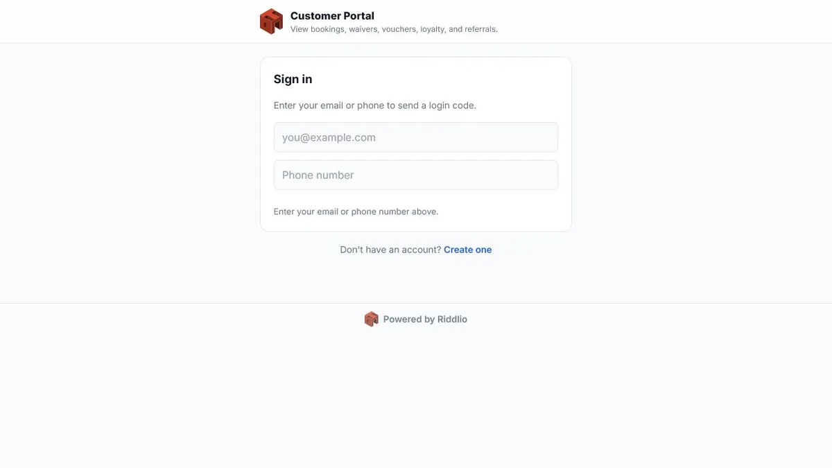 Riddlio customer portal login widget where customers enter email or phone to receive a login code