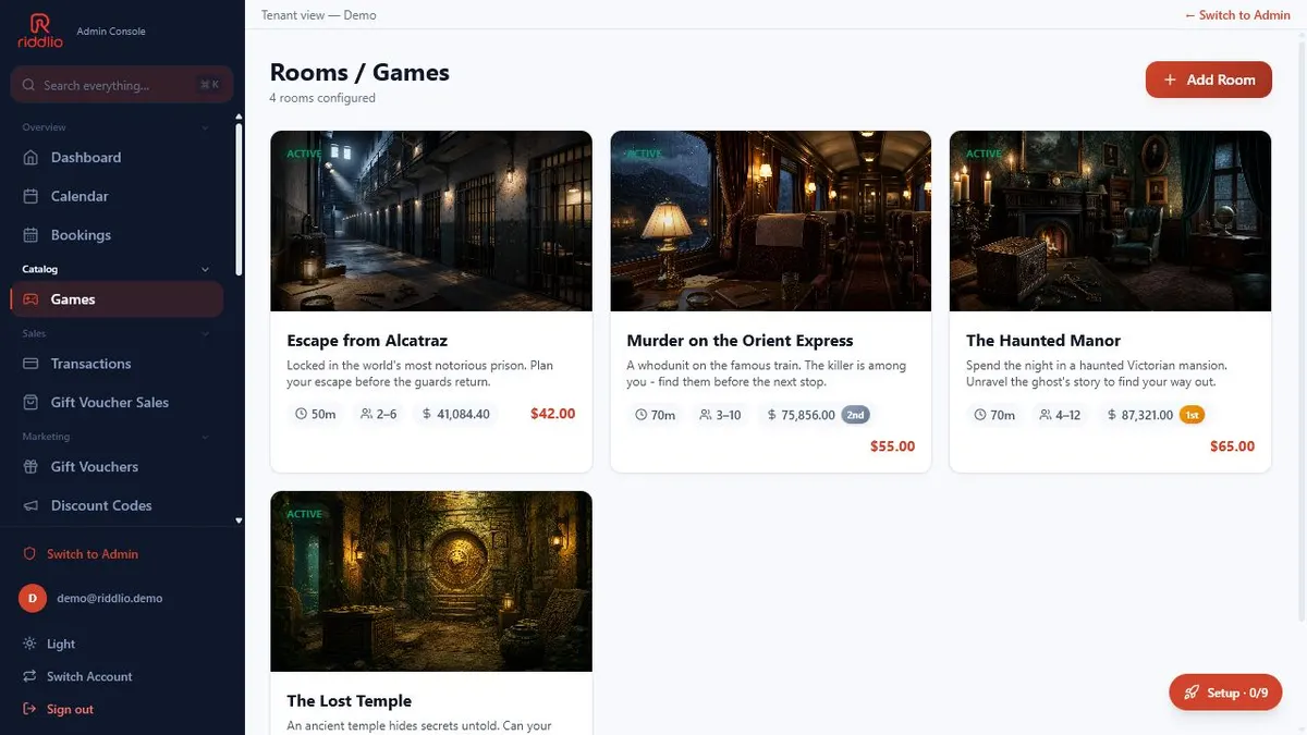 Riddlio demo rooms and games screen showing configured escape room games with duration, capacity, revenue, and pricing