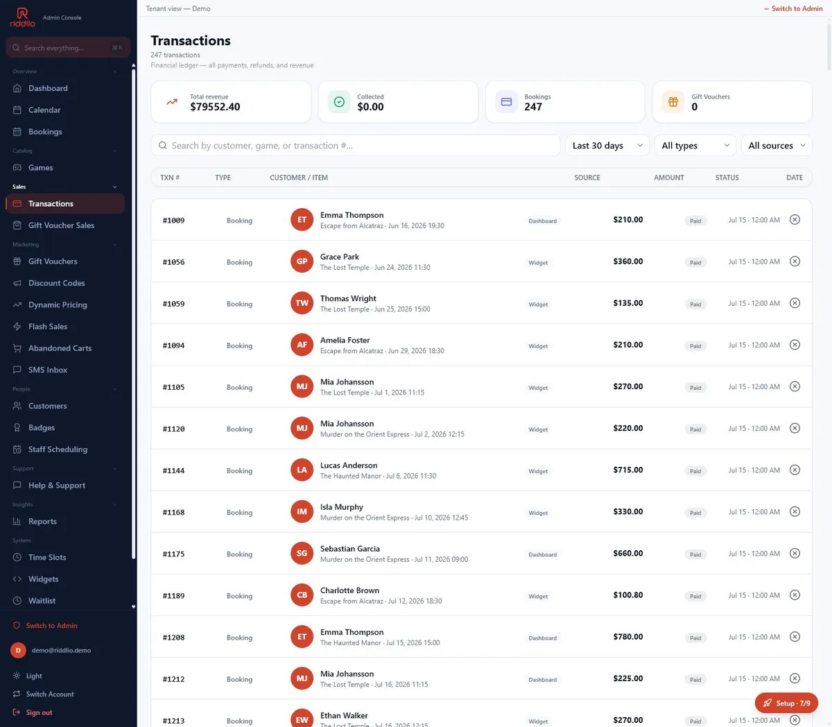 Riddlio demo transactions ledger with total revenue, booking transactions, sources, amounts, status, and dates
